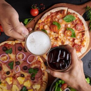 PIZZA WITH FRIES AND DRANKS