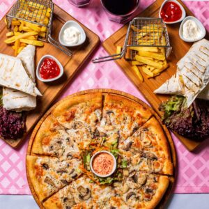 PIZZA WITH FRIES AND FRANKS